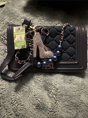 Badgley Mischka Quilted Navy Vegan Leather Shoulder Bag with Charm